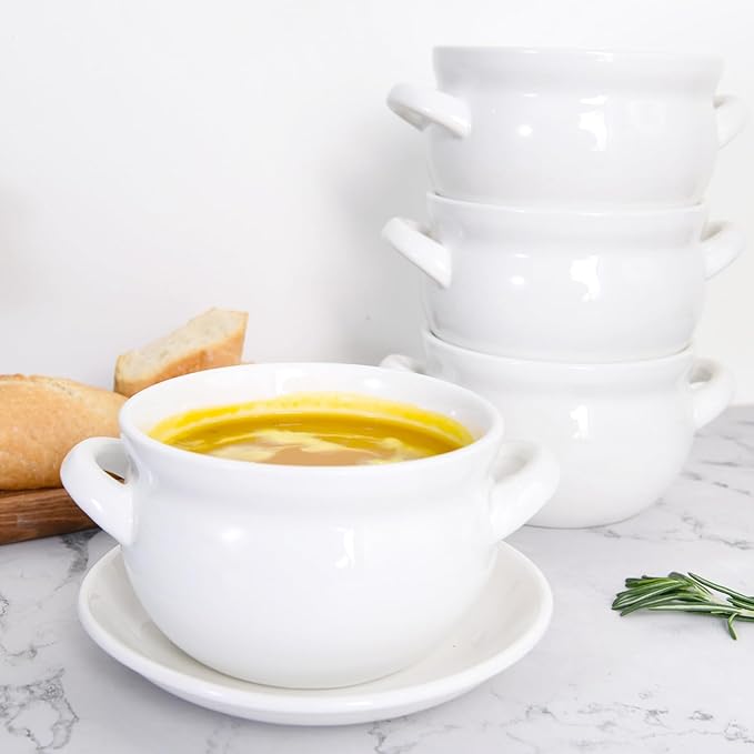 Vumdua Soup Bowls with Handles, 16 Oz Ceramic French Onion Soup Bowls - Stackable Oven Safe Bowls Serving Soup Crocks for Soup, Cereal, Chilli, Pot Pies, Set of 4, White