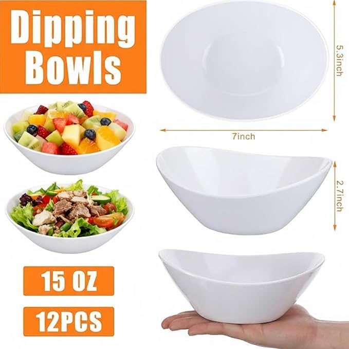 Dingion 12 Pcs Melamine White Serving Bowls 7'' x 5.3'' x 2.7'' 15 oz Oval Serving Dishes for Salad Pasta Fruit Cereal Dishwasher Dipping Ice Cream Dessert Display Garden Tea Camping Party Dinner