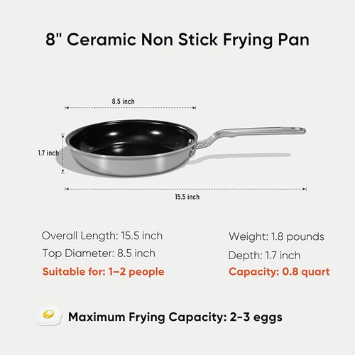 5 Ply Ceramic Non Stick Frying Pans - 8 Inch Stainless Clad Nonstick Skillet, Professional Cookware for Induction, All Stoves and Oven