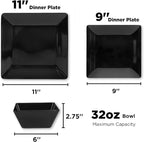 TP 12-Piece Melamine Dinnerware Sets, Plates and Bowls Dishes Set for 4, Break-Resistant & Non-Microwavable, Lightweight Square Dinner Plates, Black