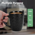 16 OZ Bone Coffee Mugs Set of 6 Matte Black, Large Ceramic Coffee Mugs Set with Different Texture Patterns, Porcelain Cups with Handle for Espresso Latte Tea Milk