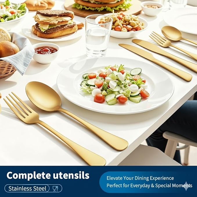 GPY Gold Silverware Set with Steak Knives, 24-Piece Stainless Steel Flatware Set Service for 4, Titanium Plated Gold Cutlery with Mirror Finish, Dishwasher Safe for Wedding, Party & Gift