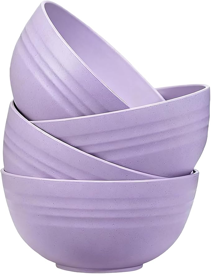 Unbreakable Wheat Straw Cereal Bowls Set of 4, 24 OZ Microwave and Dishwasher Safe Lightweight Soup and Salad Bowl Sets, Reusable Dessert Bowls for Rice, Pasta, Snack, Fruit, BPA Free (Purple)