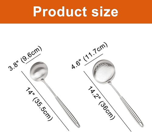 2PCS Soup Ladle Stainless Steel and Slotted Spoon Set, 304 Wok Utensils Set, Metal Strainer Spoon for Cast Iron/Carbon Steel Wok