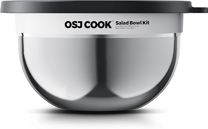 18/8 Stainless Steel Salad Bowl Kit - 74oz, Salad Bowls to go for Lunch, Comes with 1.7oz Condiment Container and Removable Tray for Organization - Leak-Proof, Dishwasher Safe (Mirror)