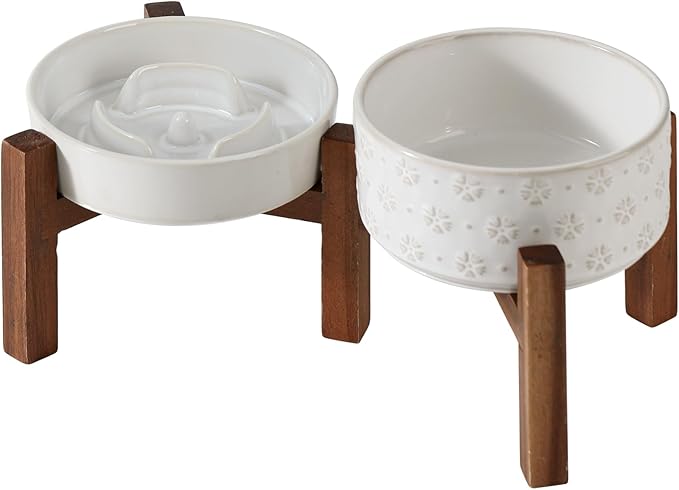 Havniva Ceramic 0.9 Cup Raised Slow Feeder Dog Bowl Set, Elevated 6.1inch Water Bowl and 6.1inch Slow Dish with Acacia Wood Stand for Small Dogs (2 x Reactived Glaze -White+ Stand)