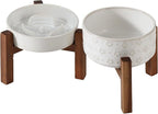 Havniva Ceramic 0.9 Cup Raised Slow Feeder Dog Bowl Set, Elevated 6.1inch Water Bowl and 6.1inch Slow Dish with Acacia Wood Stand for Small Dogs (2 x Reactived Glaze -White+ Stand)