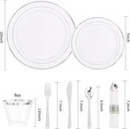 DaYammi 350PCS Silver Plastic Dinnerware Set for 50 Guests, Fancy Disposable Plates for Party, Include: 50 Dinner Plates, 50 Dessert Plates, 50 Pre Rolled Napkins with Silver Silverware, 50 Cups
