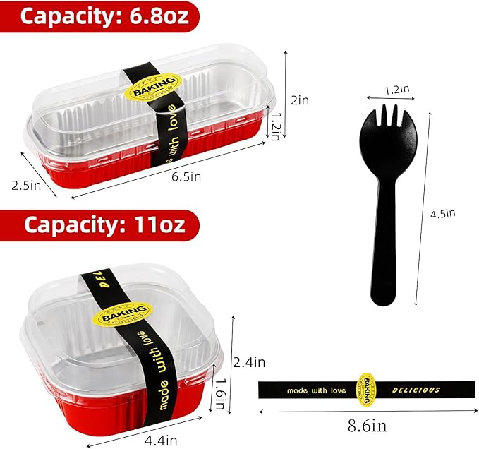 100 Pack Red Mini Aluminum Foil Loaf Pans with Lids 50Pcs 6.8oz and50Pcs 10oz, Spoons & Sealing Stickers Included Ideal for Baking, Storage & Gifting Dessert (100PCS RED)