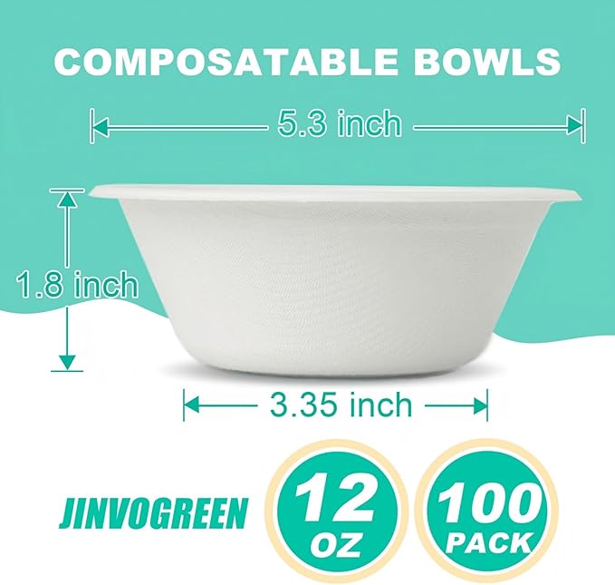 JINVOGREEN 100 Count 12 oz Paper Bowls, Disposable Compostable Bowls, Heavy Duty Biodegradable Bagasse Bowl for Snacks, Soup, and Salads, White