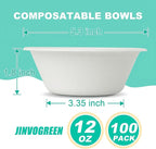 JINVOGREEN 100 Count 12 oz Paper Bowls, Disposable Compostable Bowls, Heavy Duty Biodegradable Bagasse Bowl for Snacks, Soup, and Salads, White