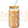 Mumufy 1 Pack Bridesmaid Gift Glass Cups, Cute Flower Mason Jars with Bamboo Lids & Straws, 16oz Iced Coffee Tumblers for Wedding, Bridal Party, Birthday, Mother's Day(Boho Flower)