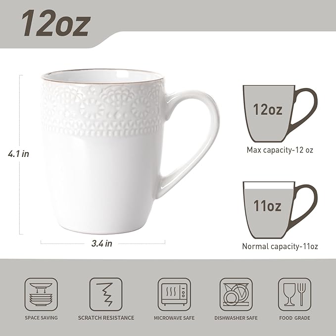 famiware Coffee Mugs Sets for 6, 12 oz Mug Set, Coffee Cups with Handle for Coffee, Tea, Cocoa and Milk, Microwave and Dishwasher Safe, White Floral (Pack of 2)