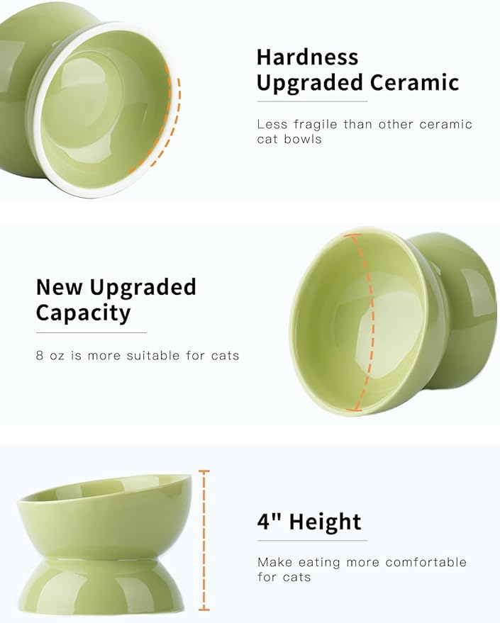 ABRUTY Cat Water Bowl, 16 OZ Ceramic Elevated Cat Bowls, 15° Tilted and Raised Pet Food Dish, Anti Vomiting Protect Pets' Spines and Whisker Fatigue