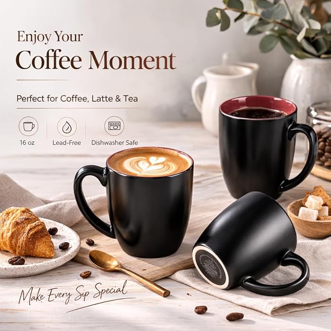GBhome 12oz Coffee Mugs Set of 6, Large Ceramic Coffee Mugs for Man, Woman, Dad, Mom, Modern Coffee Mugs Set with handle for Tea/Latte/Cappuccino/Milk/Cocoa. Dishwasher&Microwave Safe,Red