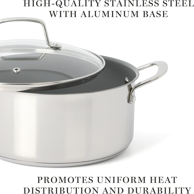 Martha Stewart Delaroux 10 Piece Stainless Steel Pots and Pans Kitchen Cookware Set w/PFAs Free Premium Nonstick Ceramic Interior