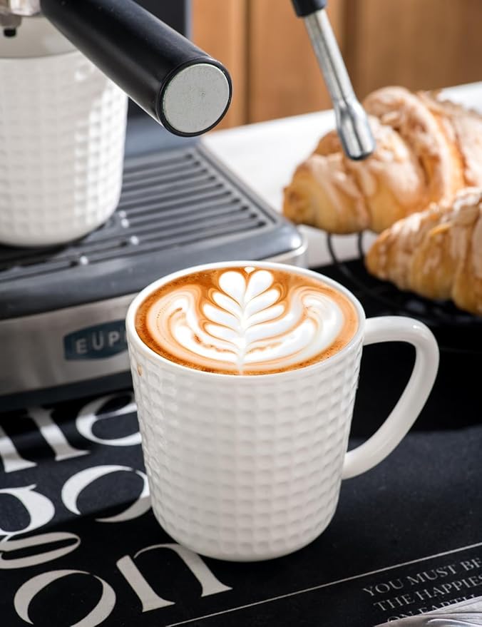 Ceramic Coffee Mugs Set of 4, 14oz White Coffee Cups with Embossed Grid Texture, Modern Minimalist Coffee Mug for Latte Cappuccino Tea Cocoa, Dishwasher & Microwave Safe, Ideal Housewarming Gift