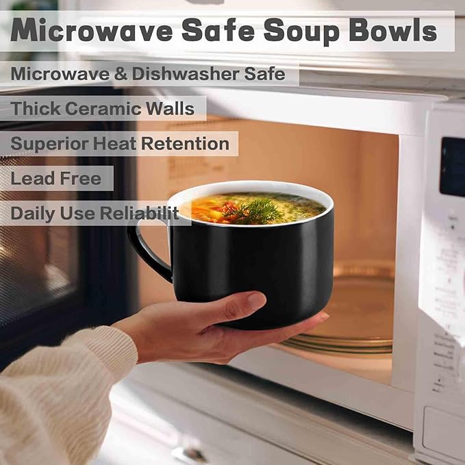 Soup Bowls with Handles & Spoons, 30oz Ceramic Ramen Bowl with Lid, Large Soup Mugs/Cups for Instant Noodle, Big Cereal Bowls for Oatmeal, Soup Containers with Lids, Set of 2, Black
