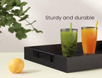 Fibogollo Bamboo Serving Tray with Metal Handles,15x10in Ottoman Decorative Trays Platter for Coffee Table,Living Room,Bar,Party,Medium(Black)