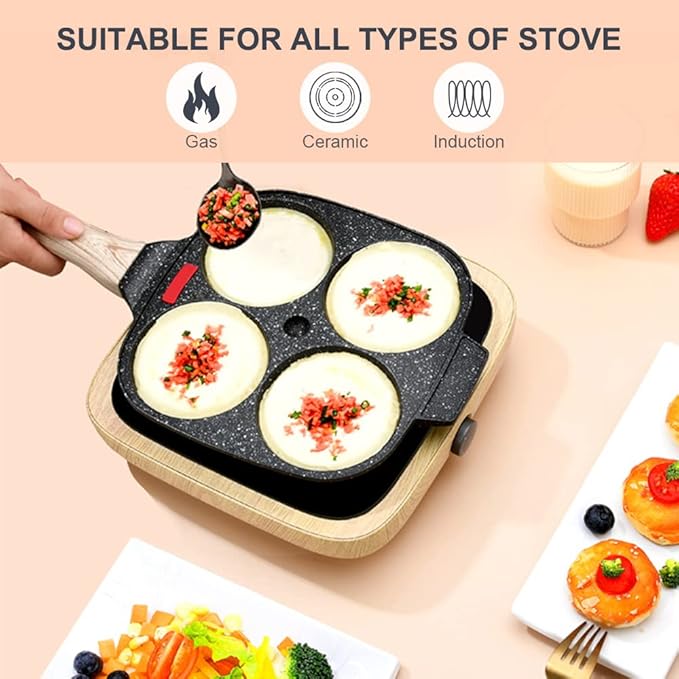 Egg Frying Pan, Fried Egg Pan Nonstick 4 Cups Pancake Pan Aluminium Alloy Cooker for Breakfast, Egg Pan Suitable for Gas & Induction (Black)
