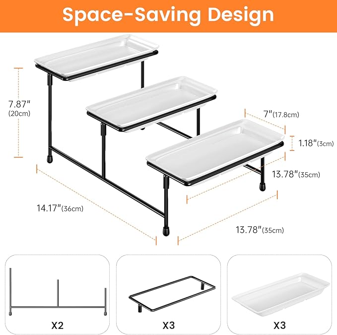 3 Tier Serving Tray for Party, 14"x7" Tiered Serving Platters with Steel Display Stand for Sevring Food,Cookies,Veggie, Dessert,Fruit, Black