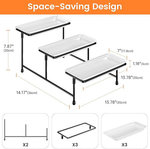 3 Tier Serving Tray for Party, 14"x7" Tiered Serving Platters with Steel Display Stand for Sevring Food,Cookies,Veggie, Dessert,Fruit, Black