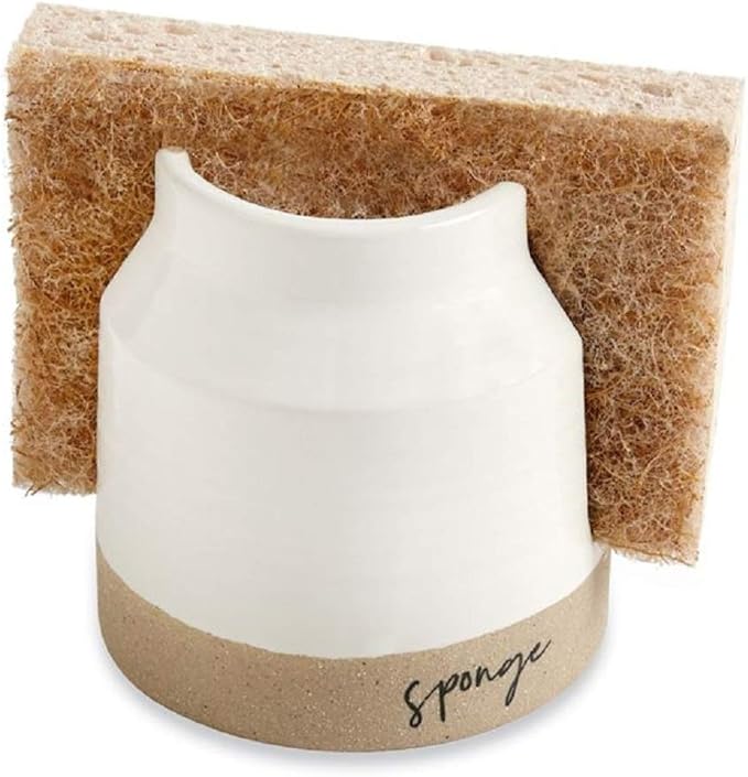 Mud Pie 41220001 Stoneware Sponge Holder, 3 1/2" x 3 1/2", Brown and White