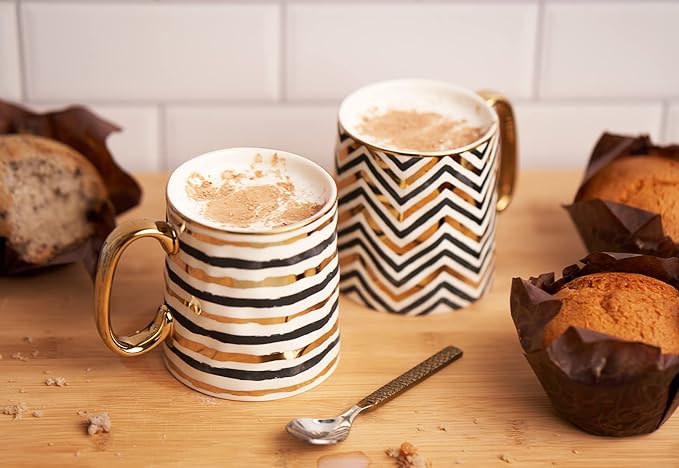 KooK Coffee Mugs, Coffee Mug Set, Black and Gold Cups, Porcelain, Tea Cups with Handles, Geometric Design with Metallic Gold Accents, 14.8 oz, Black and Gold, Set of 2