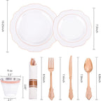 NOCCUR 350PCS Rose Gold Plastic Plates - Clear Rose Gold Disposable Dinnerware Set - Include 100 Dinner/Dessert Plates,50 Cups,50 Pre Rolled Napkins with Cutlery Set - Ideal for Party/Mother's Day