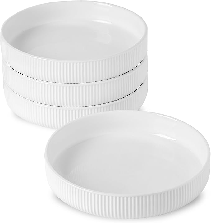 UBEE 8.5 inch Ceramic Pasta Bowls Set of 4, Big Salad Bowl, Large Dinner Plates, Microwave and Dishwasher Safe Ribbed Serving Bowls, White