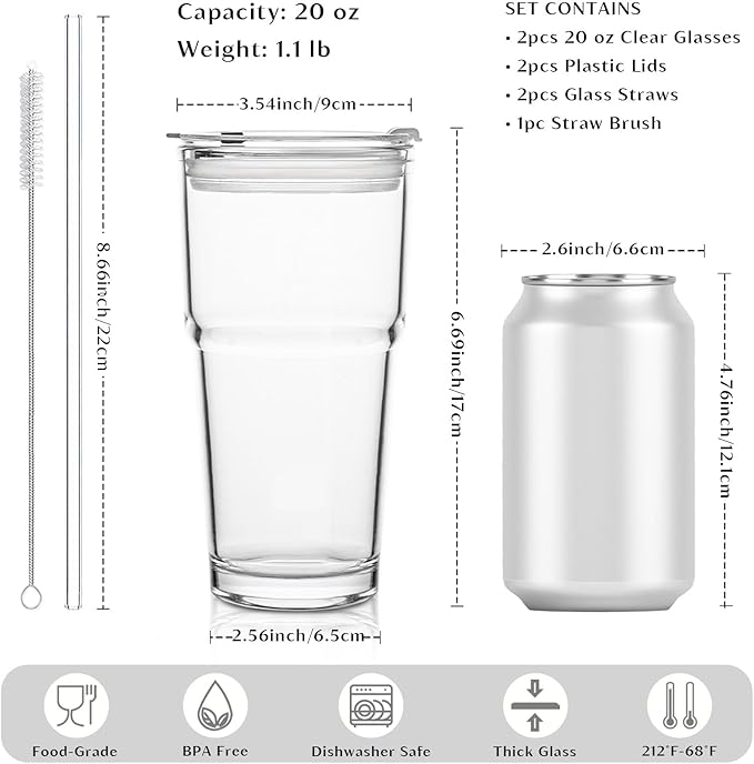 INSETLAN 20oz Clear Glass Cup with Lid and Glass Straw, Set of 2 Thickened Glass Coffee Tumblers, Drinking Glasses with Straw for Smoothie, Tea, Milk, Whiskey, Water and More – Elegant & Durable