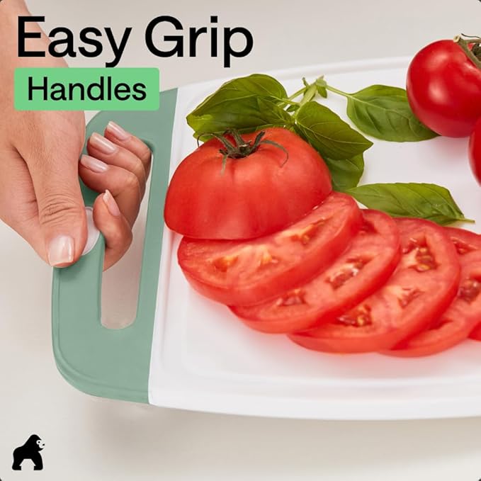 GORILLA GRIP BPA-Free Reversible Kitchen Cutting Board Set of 3, US Designed, Nonporous, Juice Grooves Catch Liquid, Slip Resistant Border, Dishwasher Safe Large Food Chopping Boards, Gray Mint Pink