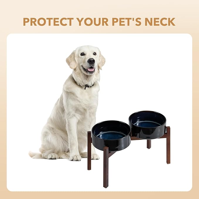 Havniva Ceramic 8.2inch Raised Double Dog Bowls Set with Acacia Wood Stand, Food & Water Bowls for Large Breed Dogs, Weighted Pet Dishes(60oz, Starry Sky)