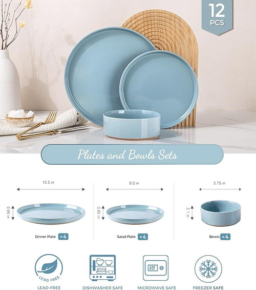 AmorArc Ceramic Dinnerware Set for 4 | Speckled Stoneware Plates and Bowls with unglazed terracotta | Scratch Resistant, Dishwasher & Microwave Safe Dishes Sets- 12-Pcs Blue