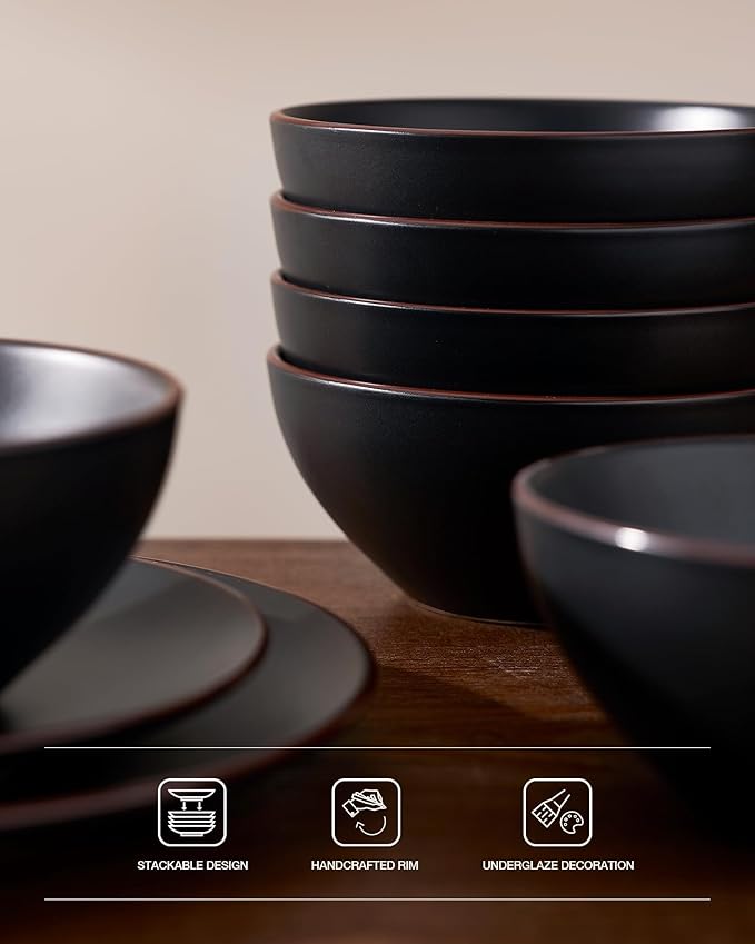 Famiware Venus Plates and Bowls Sets with Trim, 24 Pieces Stoneware Chip Resistant Dinnerware Dishes for 8, Matte Black - Microwave/Dishwasher Safe, Modern Minimalist, for Everyday Meals/Formal Dining