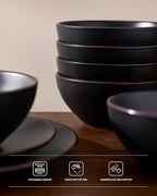 Famiware Venus Plates and Bowls Sets with Trim, 18 Pieces Stoneware Chip Resistant Dinnerware Dishes for 6, Matte Black - Microwave/Dishwasher Safe, Modern Minimalist, for Everyday Meals/Formal Dining