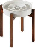 Havniva Ceramic 3.2 Cup Raised Slow Feeder Dog Bowl Set, Elevated Acacia Wood Stand for Large Dog, 9.5inch Slow Dish, Preventing Choking(Single Bowl+ Stand, Reactived Glaze -White)