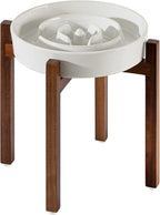 Havniva Ceramic 3.2 Cup Raised Slow Feeder Dog Bowl Set, Elevated Acacia Wood Stand for Large Dog, 9.5inch Slow Dish, Preventing Choking(Single Bowl+ Stand, Reactived Glaze -White)