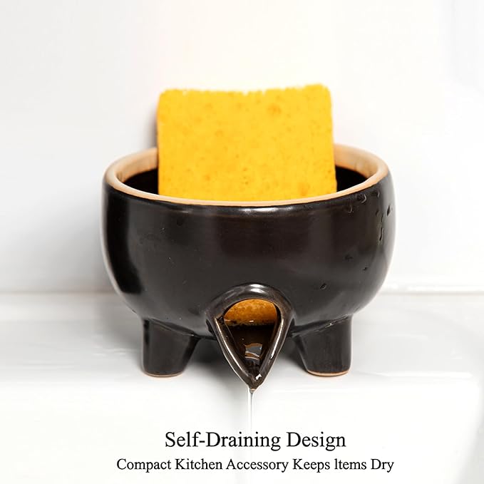 Ceramic Sponge Holder with Drainage, Modern Black Sink Caddy Organizer, Sponge Dish Rack for Soap, Brushes, Keeps Countertop Dry, Kitchen Sink Accessory