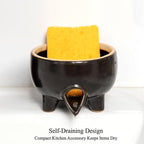Ceramic Sponge Holder with Drainage, Modern Black Sink Caddy Organizer, Sponge Dish Rack for Soap, Brushes, Keeps Countertop Dry, Kitchen Sink Accessory