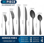 GPY Black Silverware Set with Steak Knives, 36-Piece Stainless Steel Flatware Set Service for 6, Titanium Plated Black Eating Utensils, Modern Mirror Finish Cutlery for Kitchen & Home