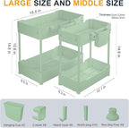 Sevenblue 2 Pack Under Sink Organizer, Under Bathroom Cabinet Organizer with Hooks Hanging Cup, Multi-Purpose Storage Shelf for Kitchen Bathroom (Green, 14.8 Inch)