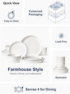 LE TAUCI Ceramic Plates and Bowls Set for 4, 12-Piece Ceramic Dinnerware Set, Farmhouse Dishes Set, Microwave & Dishwasher Safe, Stackable, 10" Dinner+8" Salad Plates+6" Bowls, White
