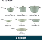 Circulon Halo with LaserDefense Ceramic Nonstick Pots and Pans with Lids, Made without PFAS, Compatible with All Stovetops, Dishwasher and Oven Safe, 11 Piece Cookware Set - Sage