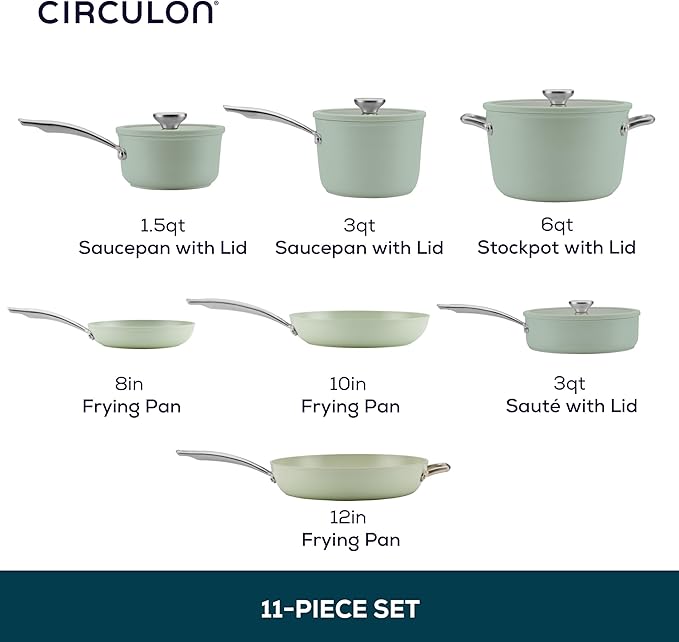 Circulon Halo with LaserDefense Ceramic Nonstick Pots and Pans with Lids, Made without PFAS, Compatible with All Stovetops, Dishwasher and Oven Safe, 11 Piece Cookware Set - Sage