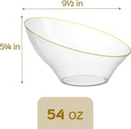 PLASTICPRO Angled Plastic Bowls Disposable Large Plastic Clear Serving Bowls with Gold Rim for Party for Appetizer Salads Pack of 4