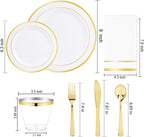 NOCCUR 700PCS Gold Plastic Plates - Gold Disposable Dinnerware Set for 100 - Include 200 Dinner/Dessert Plates, 300 Cutlery, 100 Cups, 100 Napkins, Idea for Wedding/Party/New Year