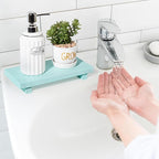 zoocatia Small Wood Tray Pedestal Stand Farmhouse Bathroom Decor Decorative Wooden Riser Kitchen Soap Dish Holder for Vanity, Counter, Sink, 10" x 4.5" - Light Blue