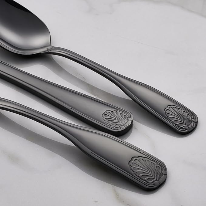 20-Piece Matte Black Flatware Set for 4, 18/0 Stainless Steel Cutlery Set with Shell Design, Dishwasher-Safe Silverware for Dinner Party, Holiday & Daily Use