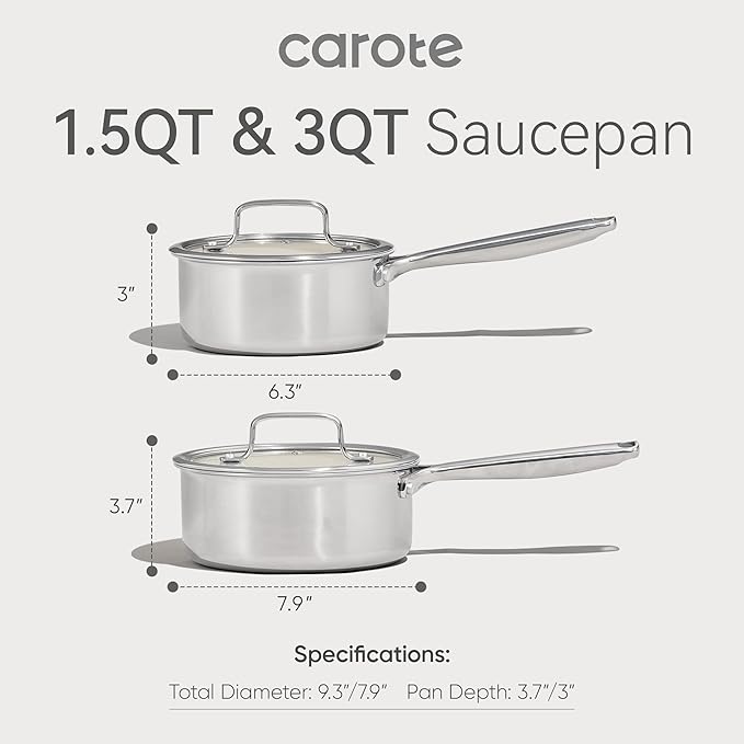 CAROTE 1.5Qt & 3Qt Stainless Steel Saucepan Set, Ceramic Pot Sets Non-Stick Non-Toxic Kitchen Cookware, Small Cooking Pots with Lids, Oven Safe, Induction Sauce Pan, Even Heating